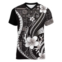 Samoa Siapo Tribal Pattern Women V-Neck T-Shirt Black Polynesian Plumeria Tapa Motif