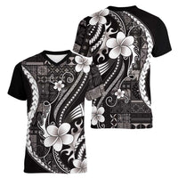 Samoa Siapo Tribal Pattern Women V-Neck T-Shirt Black Polynesian Plumeria Tapa Motif