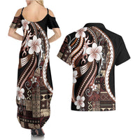 Samoa Siapo Tribal Pattern Couples Matching Summer Maxi Dress and Hawaiian Shirt Brown Polynesian Plumeria Tapa Motif LT9 - Polynesian Pride