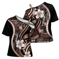Samoa Siapo Tribal Pattern Cross Shoulder Shirt Brown Polynesian Plumeria Tapa Motif