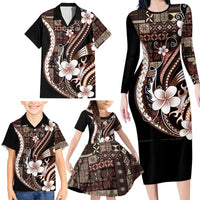 Samoa Siapo Tribal Pattern Family Matching Long Sleeve Bodycon Dress and Hawaiian Shirt Brown Polynesian Plumeria Tapa Motif LT9 - Polynesian Pride