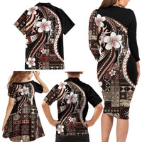 Samoa Siapo Tribal Pattern Family Matching Long Sleeve Bodycon Dress and Hawaiian Shirt Brown Polynesian Plumeria Tapa Motif LT9 - Polynesian Pride