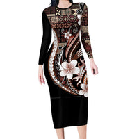 Samoa Siapo Tribal Pattern Family Matching Long Sleeve Bodycon Dress and Hawaiian Shirt Brown Polynesian Plumeria Tapa Motif LT9 Mom's Dress Brown - Polynesian Pride