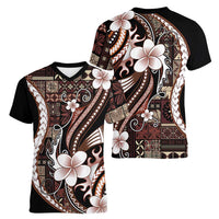Samoa Siapo Tribal Pattern Women V-Neck T-Shirt Brown Polynesian Plumeria Tapa Motif