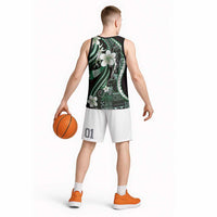 Samoa Siapo Tribal Pattern Basketball Jersey Forest Green Polynesian Plumeria Tapa Motif