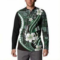 Samoa Siapo Tribal Pattern Button Sweatshirt Forest Green Polynesian Plumeria Tapa Motif