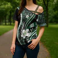 Samoa Siapo Tribal Pattern Cross Shoulder Shirt Forest Green Polynesian Plumeria Tapa Motif