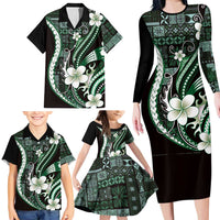 Samoa Siapo Tribal Pattern Family Matching Long Sleeve Bodycon Dress and Hawaiian Shirt Forest Green Polynesian Plumeria Tapa Motif LT9 - Polynesian Pride