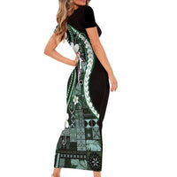 Samoa Siapo Tribal Pattern Family Matching Short Sleeve Bodycon Dress and Hawaiian Shirt Forest Green Polynesian Plumeria Tapa Motif LT9 - Polynesian Pride