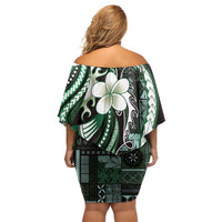 Samoa Siapo Tribal Pattern Off Shoulder Short Dress Forest Green Polynesian Plumeria Tapa Motif