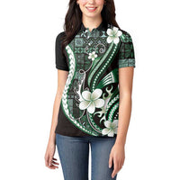Samoa Siapo Tribal Pattern Women Polo Shirt Forest Green Polynesian Plumeria Tapa Motif