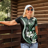 Samoa Siapo Tribal Pattern Women Polo Shirt Forest Green Polynesian Plumeria Tapa Motif