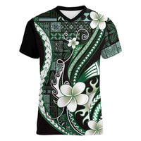 Samoa Siapo Tribal Pattern Women V-Neck T-Shirt Forest Green Polynesian Plumeria Tapa Motif LT9 Female Green - Polynesian Pride