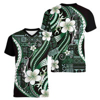 Samoa Siapo Tribal Pattern Women V-Neck T-Shirt Forest Green Polynesian Plumeria Tapa Motif LT9 - Polynesian Pride