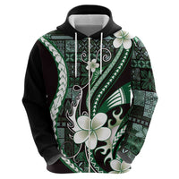 Samoa Siapo Tribal Pattern Zip Hoodie Forest Green Polynesian Plumeria Tapa Motif