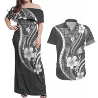 Samoa Siapo Tribal Pattern Couples Matching Off Shoulder Maxi Dress and Hawaiian Shirt Light Gray Polynesian Plumeria Tapa Motif LT9 Gray - Polynesian Pride