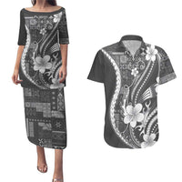 Samoa Siapo Tribal Pattern Couples Matching Puletasi and Hawaiian Shirt Light Gray Polynesian Plumeria Tapa Motif