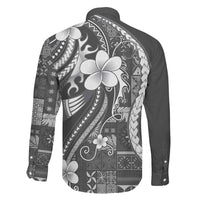 Samoa Siapo Tribal Pattern Family Matching Off The Shoulder Long Sleeve Dress and Hawaiian Shirt Light Gray Polynesian Plumeria Tapa Motif LT9 - Polynesian Pride