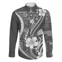Samoa Siapo Tribal Pattern Family Matching Off Shoulder Maxi Dress and Hawaiian Shirt Light Gray Polynesian Plumeria Tapa Motif LT9 Dad's Shirt - Long Sleeve Gray - Polynesian Pride