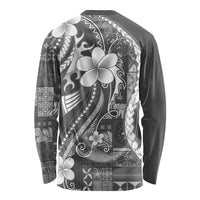 Samoa Siapo Tribal Pattern Long Sleeve Shirt Light Gray Polynesian Plumeria Tapa Motif