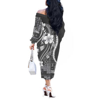 Samoa Siapo Tribal Pattern Off The Shoulder Long Sleeve Dress Light Gray Polynesian Plumeria Tapa Motif