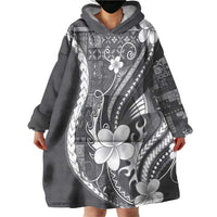 Samoa Siapo Tribal Pattern Wearable Blanket Hoodie Light Gray Polynesian Plumeria Tapa Motif