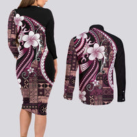 Samoa Siapo Tribal Pattern Couples Matching Long Sleeve Bodycon Dress and Long Sleeve Button Shirt Violet Polynesian Plumeria Tapa Motif LT9 - Polynesian Pride
