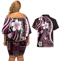 Samoa Siapo Tribal Pattern Couples Matching Off Shoulder Short Dress and Hawaiian Shirt Violet Polynesian Plumeria Tapa Motif LT9 - Polynesian Pride