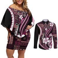 Samoa Siapo Tribal Pattern Couples Matching Off Shoulder Short Dress and Long Sleeve Button Shirt Violet Polynesian Plumeria Tapa Motif LT9 Violet - Polynesian Pride