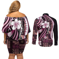 Samoa Siapo Tribal Pattern Couples Matching Off Shoulder Short Dress and Long Sleeve Button Shirt Violet Polynesian Plumeria Tapa Motif LT9 - Polynesian Pride