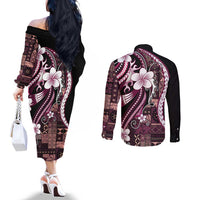 Samoa Siapo Tribal Pattern Couples Matching Off The Shoulder Long Sleeve Dress and Long Sleeve Button Shirt Violet Polynesian Plumeria Tapa Motif LT9 - Polynesian Pride