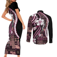 Samoa Siapo Tribal Pattern Couples Matching Short Sleeve Bodycon Dress and Long Sleeve Button Shirt Violet Polynesian Plumeria Tapa Motif LT9 - Polynesian Pride