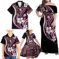 Samoa Siapo Tribal Pattern Family Matching Off Shoulder Maxi Dress and Hawaiian Shirt Violet Polynesian Plumeria Tapa Motif LT9 - Polynesian Pride