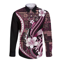 Samoa Siapo Tribal Pattern Long Sleeve Button Shirt Violet Polynesian Plumeria Tapa Motif