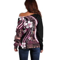 Samoa Siapo Tribal Pattern Off Shoulder Sweater Violet Polynesian Plumeria Tapa Motif