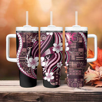 Samoa Siapo Tribal Pattern Tumbler With Handle Violet Polynesian Plumeria Tapa Motif