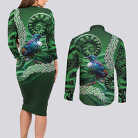Tui Bird Koru Silver Fern Aotearoa Couples Matching Long Sleeve Bodycon Dress and Long Sleeve Button Shirt LT9 - Polynesian Pride