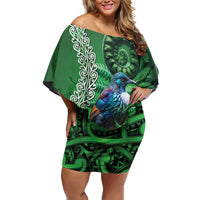 Tui Bird Koru Silver Fern Aotearoa Family Matching Off Shoulder Short Dress and Hawaiian Shirt LT9 Mom's Dress Green - Polynesian Pride