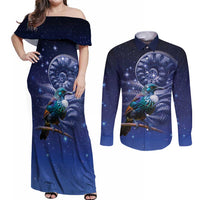 Tui Bird Matariki Galaxy Couples Matching Off Shoulder Maxi Dress and Long Sleeve Button Shirt Koru Silver Fern Aotearoa