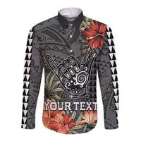 Personalised Hawaii Shaka Surf Hand Sign Long Sleeve Button Shirt Polynesian Vintage Vibes LT9 Unisex Black - Polynesian Pride