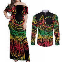 Cook Islands 15 Stars Couples Matching Off Shoulder Maxi Dress and Long Sleeve Button Shirt Kuki Airani Polynesian Tribal Wave Tattoo LT9 Reggae - Polynesian Pride
