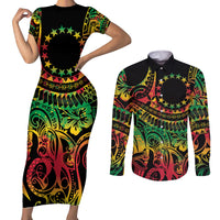 Cook Islands 15 Stars Couples Matching Short Sleeve Bodycon Dress and Long Sleeve Button Shirt Kuki Airani Polynesian Tribal Wave Tattoo LT9 Reggae - Polynesian Pride