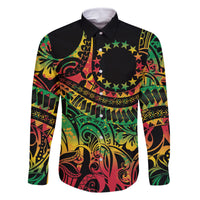 Cook Islands 15 Stars Family Matching Off Shoulder Short Dress and Hawaiian Shirt Kuki Airani Polynesian Tribal Wave Tattoo LT9 Dad's Shirt - Long Sleeve Reggae - Polynesian Pride
