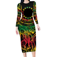 Cook Islands 15 Stars Long Sleeve Bodycon Dress Kuki Airani Polynesian Tribal Wave Tattoo LT9 Long Dress Reggae - Polynesian Pride
