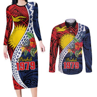 Flag of Kiribati Polynesian Pattern Couples Matching Long Sleeve Bodycon Dress and Long Sleeve Button Shirt Est 1979 With Tropical Flowers LT9 Red - Polynesian Pride