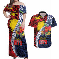Flag of Kiribati Polynesian Pattern Couples Matching Off Shoulder Maxi Dress and Hawaiian Shirt Est 1979 With Tropical Flowers LT9 Red - Polynesian Pride