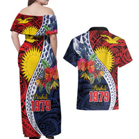 Flag of Kiribati Polynesian Pattern Couples Matching Off Shoulder Maxi Dress and Hawaiian Shirt Est 1979 With Tropical Flowers LT9 - Polynesian Pride