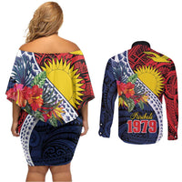 Flag of Kiribati Polynesian Pattern Couples Matching Off Shoulder Short Dress and Long Sleeve Button Shirt Est 1979 With Tropical Flowers LT9 - Polynesian Pride