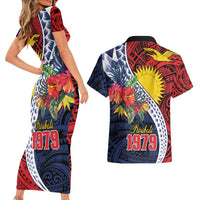 Flag of Kiribati Polynesian Pattern Couples Matching Short Sleeve Bodycon Dress and Hawaiian Shirt Est 1979 With Tropical Flowers LT9 - Polynesian Pride