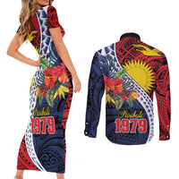 Flag of Kiribati Polynesian Pattern Couples Matching Short Sleeve Bodycon Dress and Long Sleeve Button Shirt Est 1979 With Tropical Flowers LT9 - Polynesian Pride